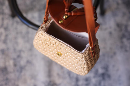 Khaki Bamboo Weaving Leather Shoulder Handbag