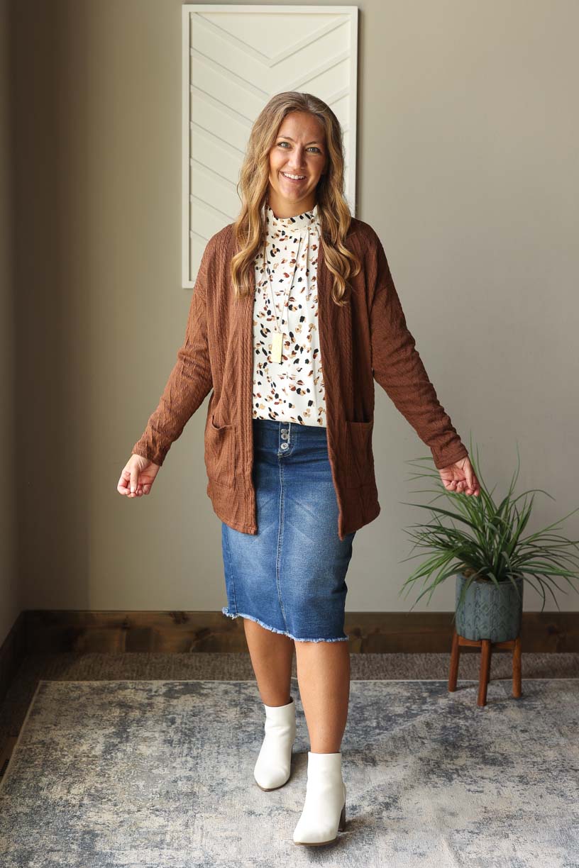Coffee Textured Open Front Cardigan, M/L, XL/2XL PLUS
