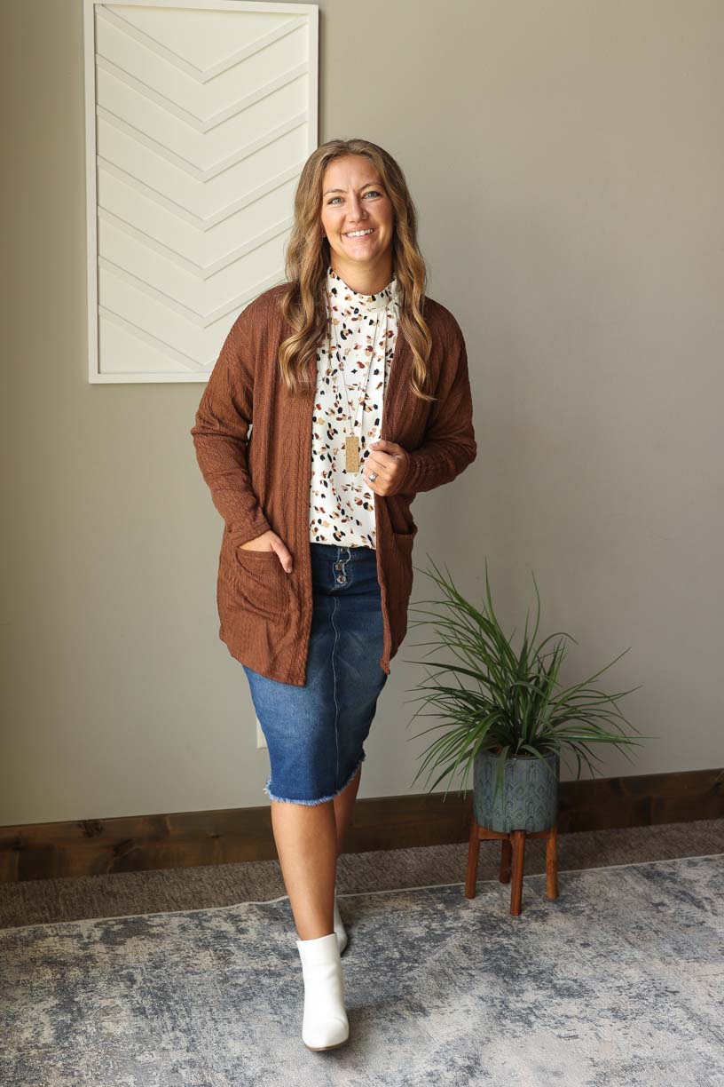 Coffee Textured Open Front Cardigan, M/L, XL/2XL PLUS