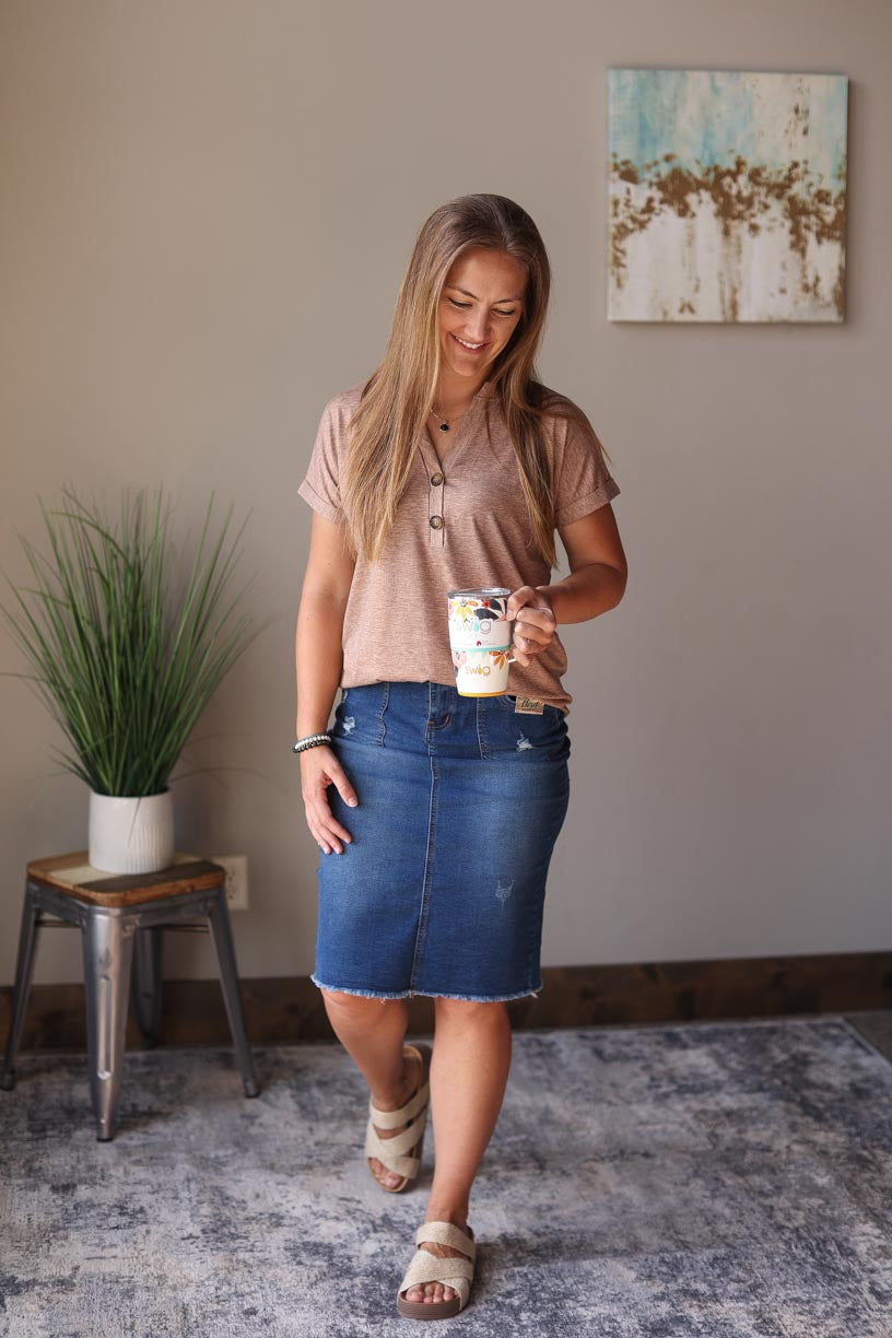 Heathered coral v-neck rolled short sleeve top with button details, perfect for cute, comfy, casual summer style at Classy Closet, an online women's modest clothing boutique.