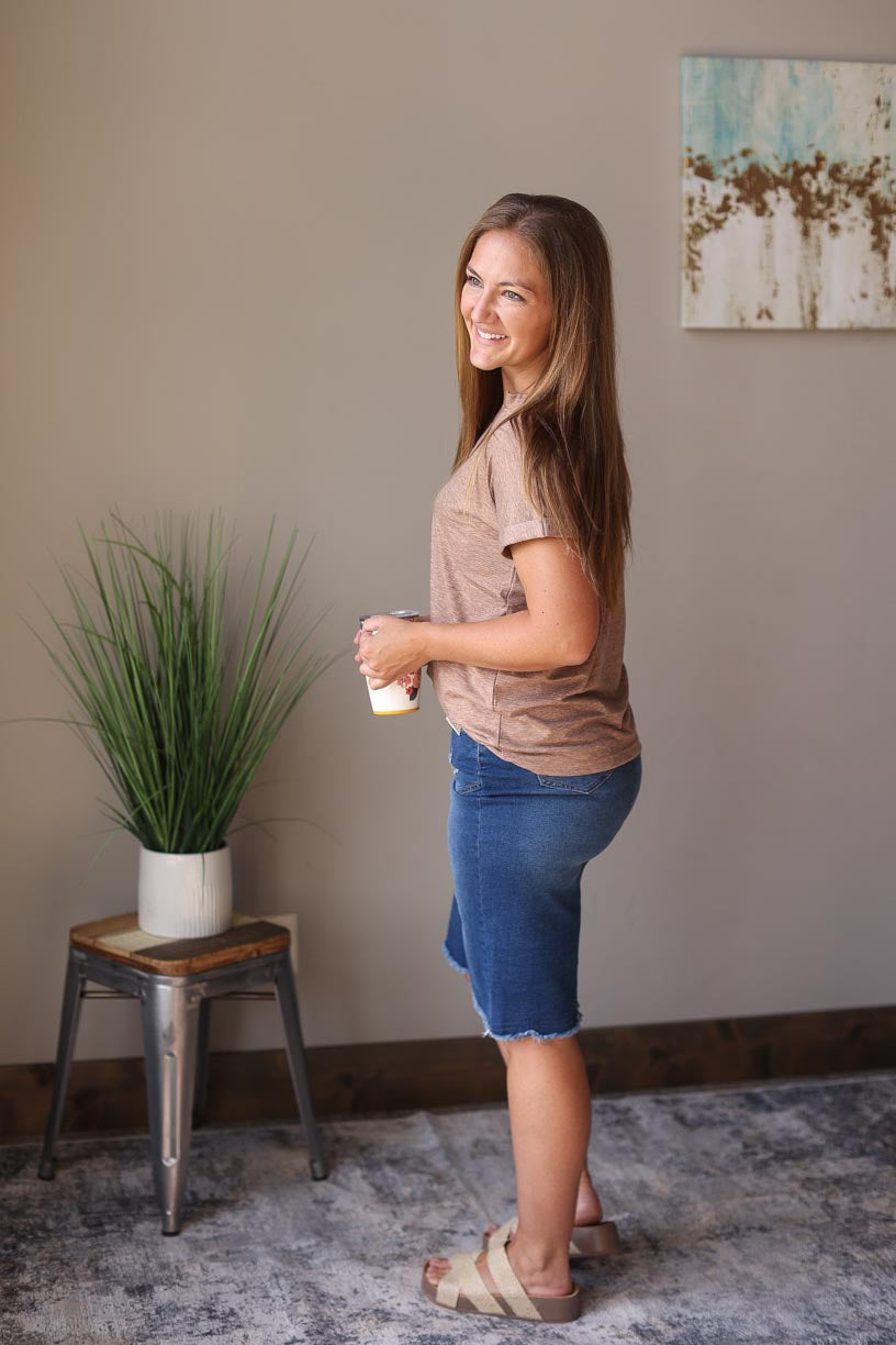 Heathered coral v-neck rolled short sleeve top with button details, perfect for cute, comfy, casual summer style at Classy Closet, an online women's modest clothing boutique.