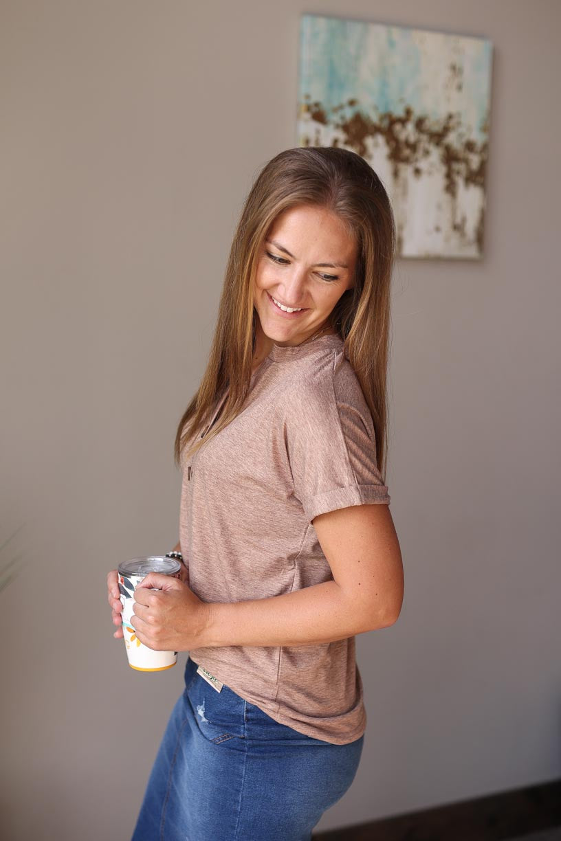 Heathered coral v-neck rolled short sleeve top with button details, perfect for cute, comfy, casual summer style at Classy Closet, an online women's modest clothing boutique.