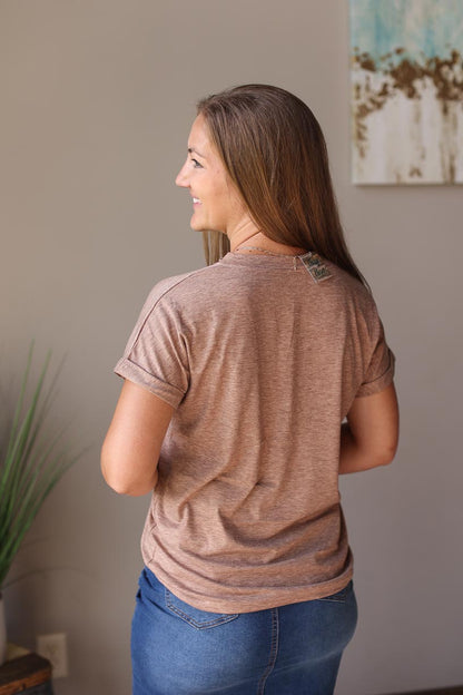 Heathered coral v-neck rolled short sleeve top with button details, perfect for cute, comfy, casual summer style at Classy Closet, an online women's modest clothing boutique.