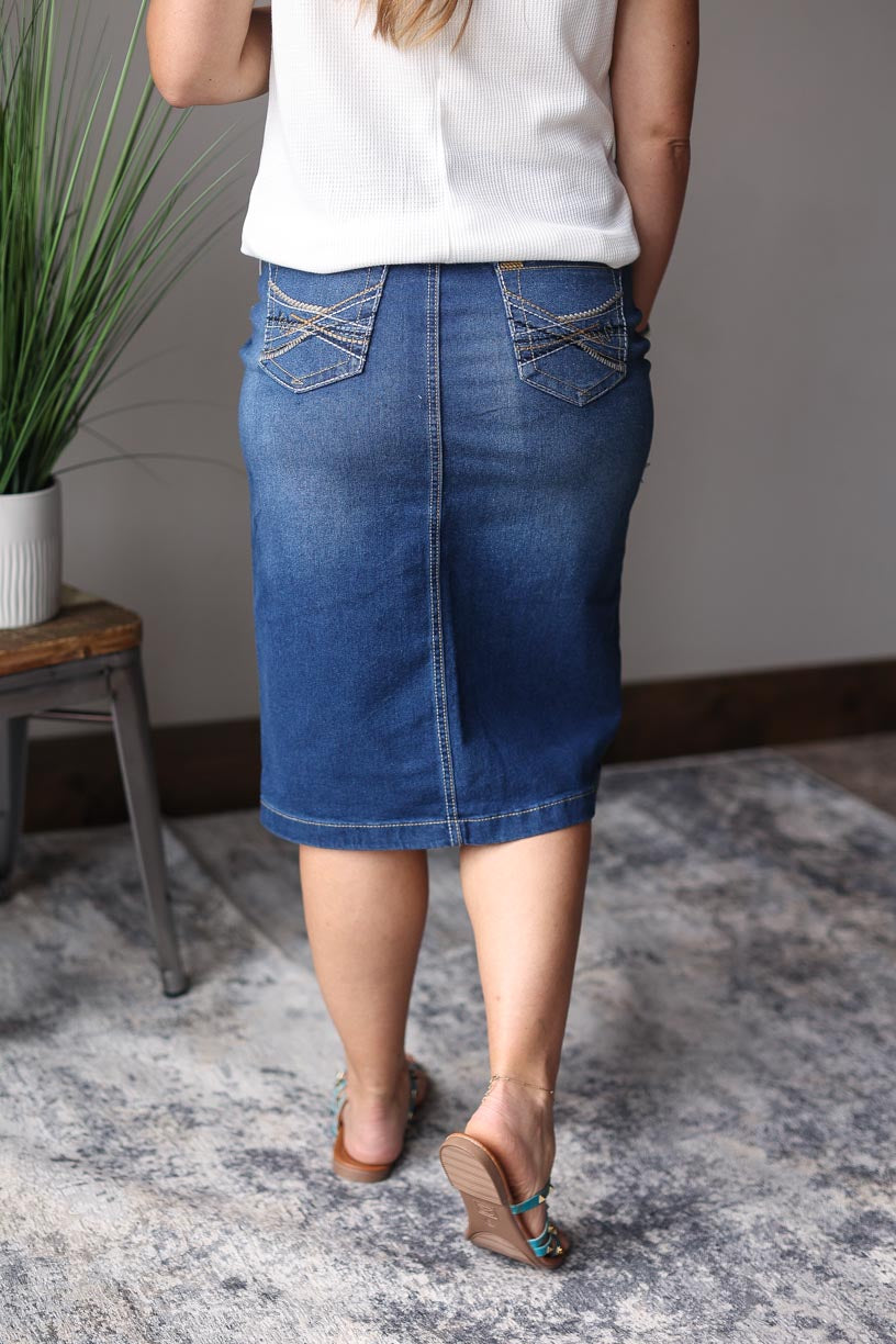 BROWN HEAVY STITCHING STRETCH DENIM KNEE LENGTH SKIRT CLASSY CLOSET ONLINE BOUTIQUE NEAR ME FOR MODEST FASHION