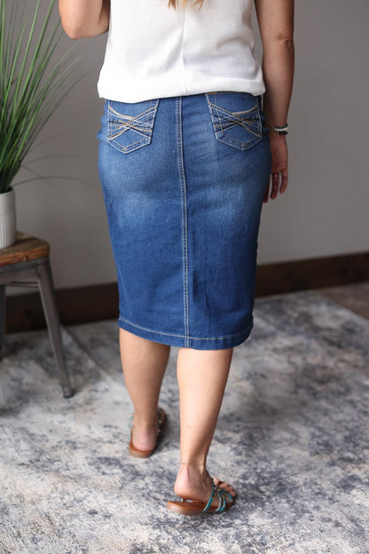 BROWN HEAVY STITCHING STRETCH DENIM KNEE LENGTH SKIRT CLASSY CLOSET ONLINE BOUTIQUE NEAR ME FOR MODEST FASHION