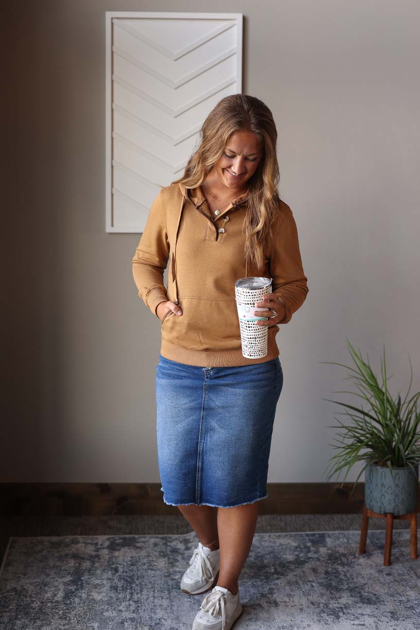 Khaki Pocket Henley Hoodie Classy Closet Modest Clothing Classy Closet Shop