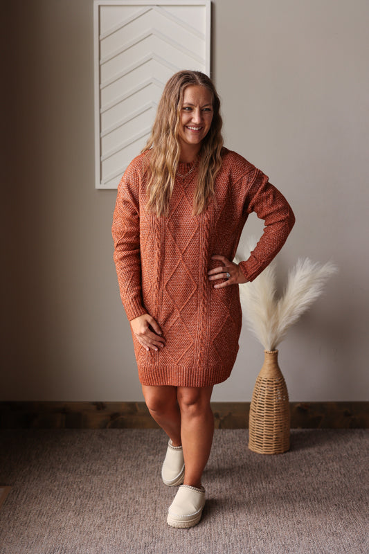 Coffee Cable Knit Sweater Dress
