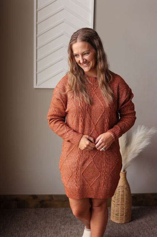 Coffee Cable Knit Sweater Dress