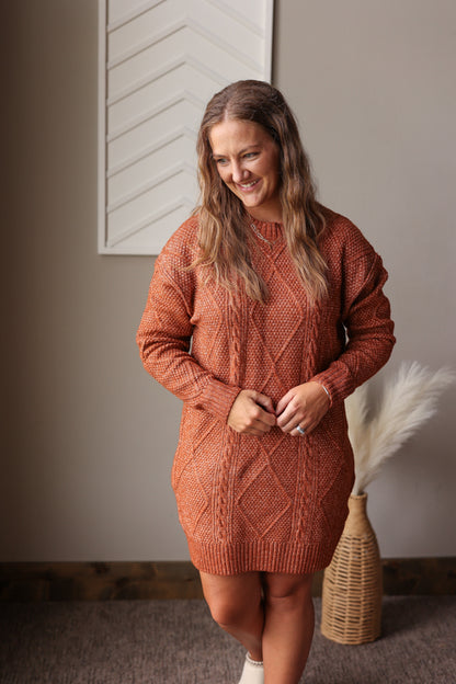 Coffee Cable Knit Sweater Dress