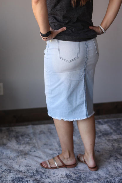 Chloe Light Wash Midi Denim Skirt Women's Modest Apparel at Classy Closet Online Boutique Near Me