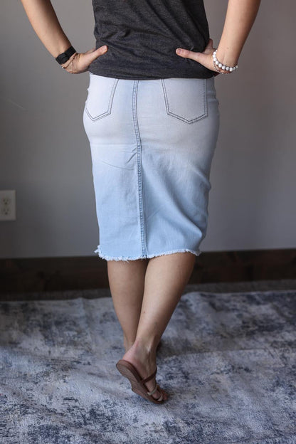 Chloe Light Wash Midi Denim Skirt Women's Modest Apparel at Classy Closet Online Boutique Near Me
