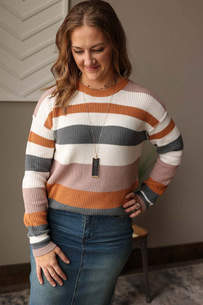 Camel Colorblock Striped Sweater • L