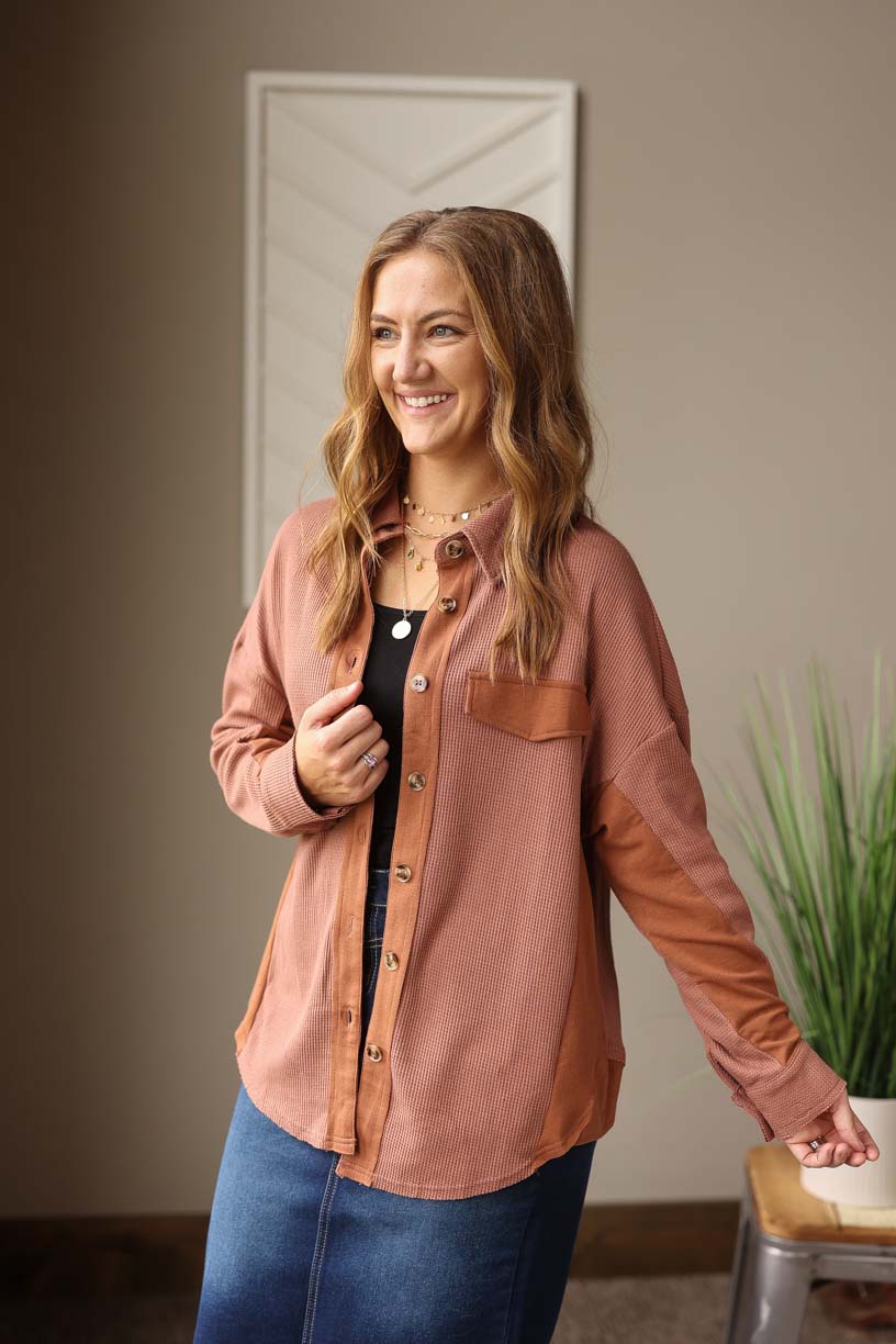 Brown Waffle Button Up Shirt is a wardrobe staple. Made from lightweight, flexible material, it's the perfect way to stay warm and comfortable on chilly days. Classy Closet Affordable Boutique for Women's Modest Fashion