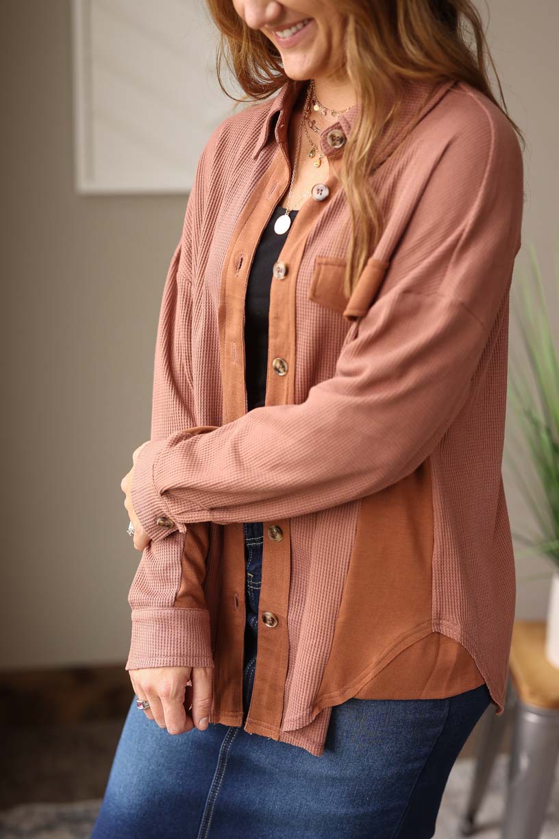 Brown Waffle Button Up Shirt is a wardrobe staple. Made from lightweight, flexible material, it's the perfect way to stay warm and comfortable on chilly days. Classy Closet Affordable Boutique for Women's Modest Fashion