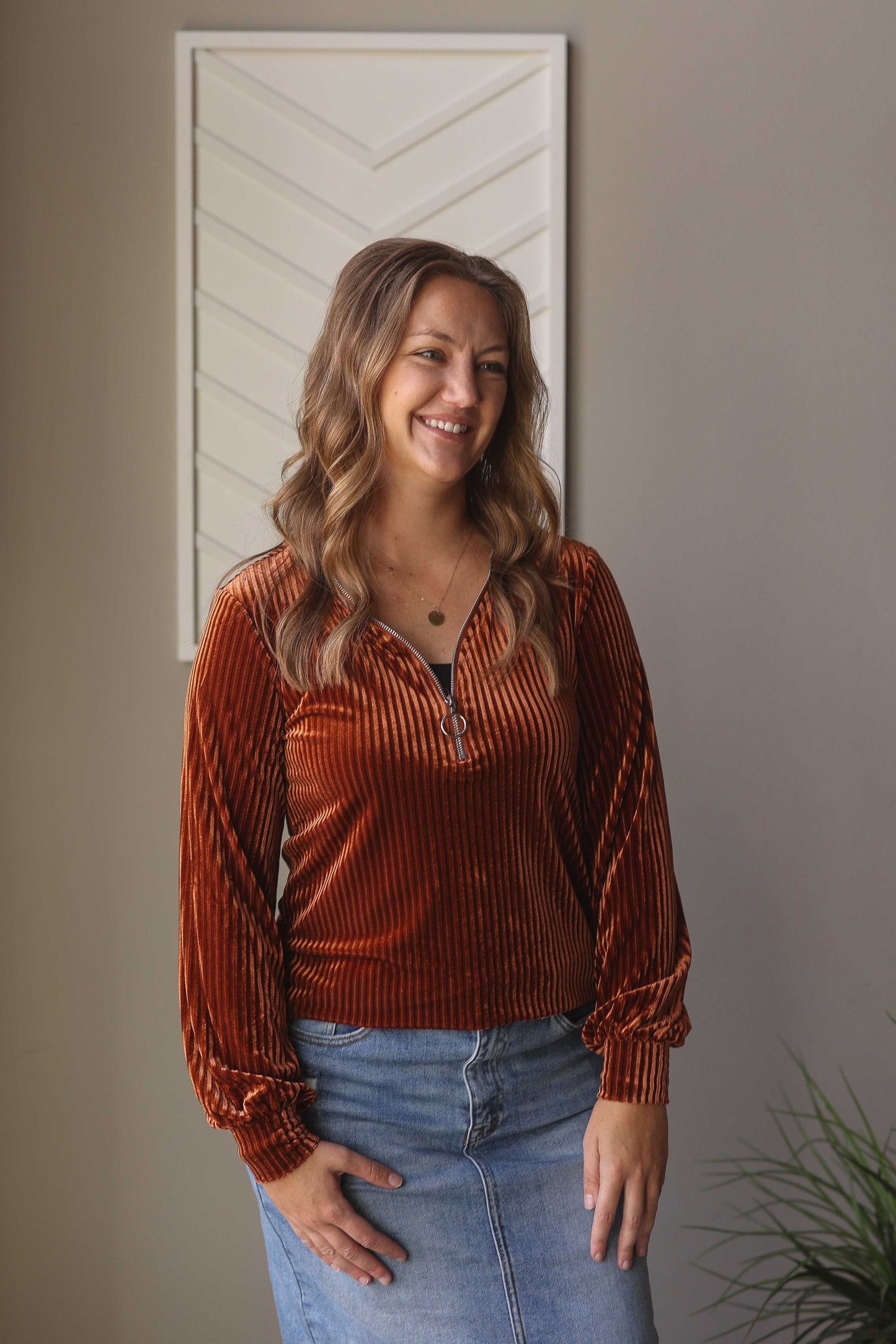 Chestnut Half Zip Ribbed Velvet Top, S, M, XL