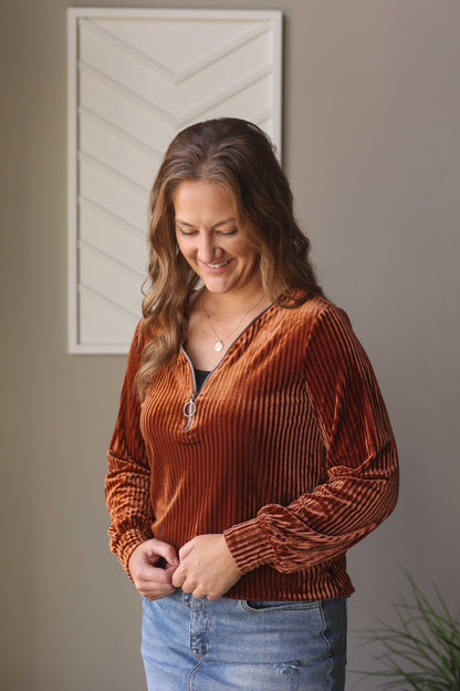 Chestnut Half Zip Ribbed Velvet Top, S, M, XL