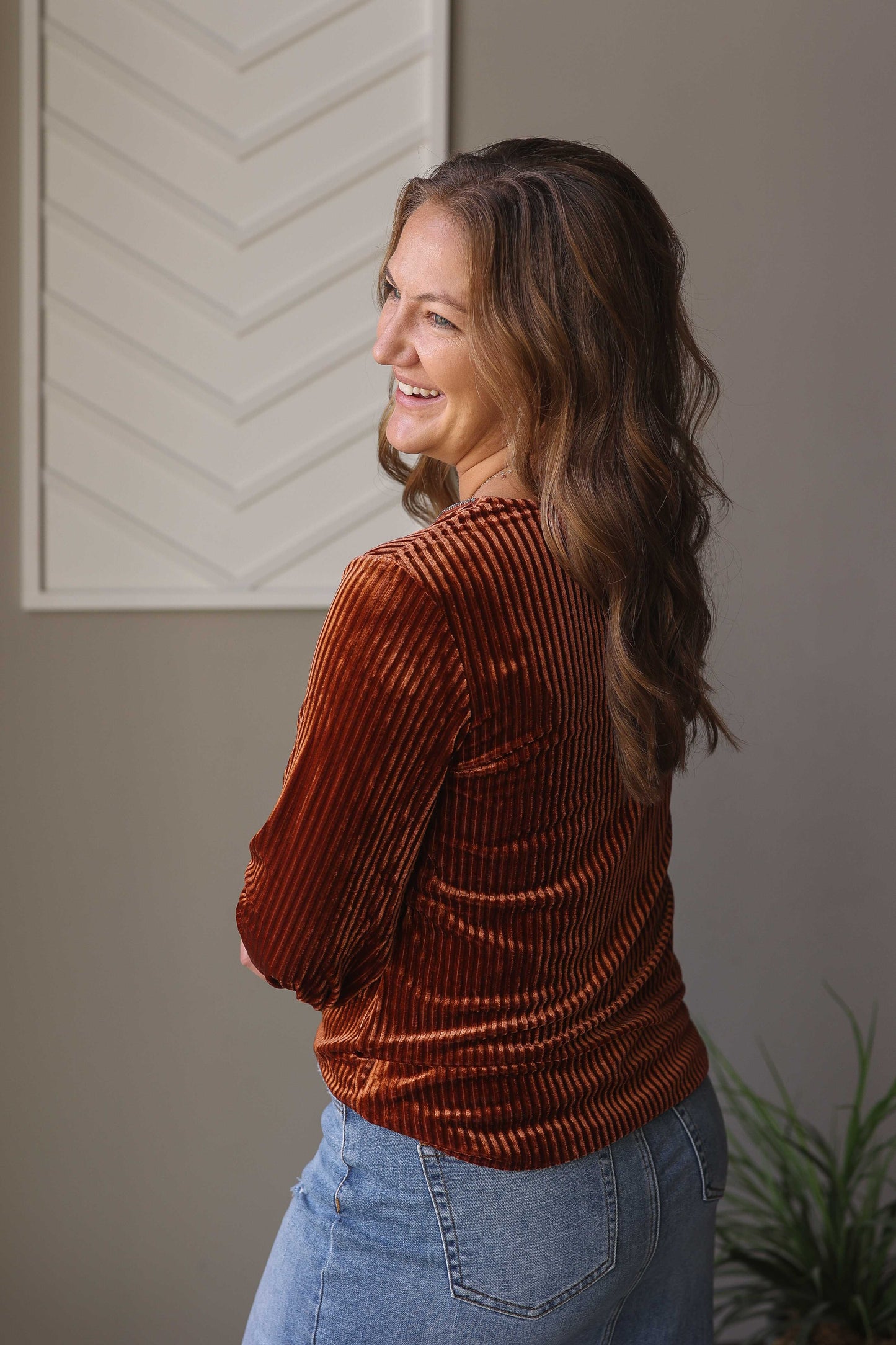 Chestnut Half Zip Ribbed Velvet Top, S, M, XL
