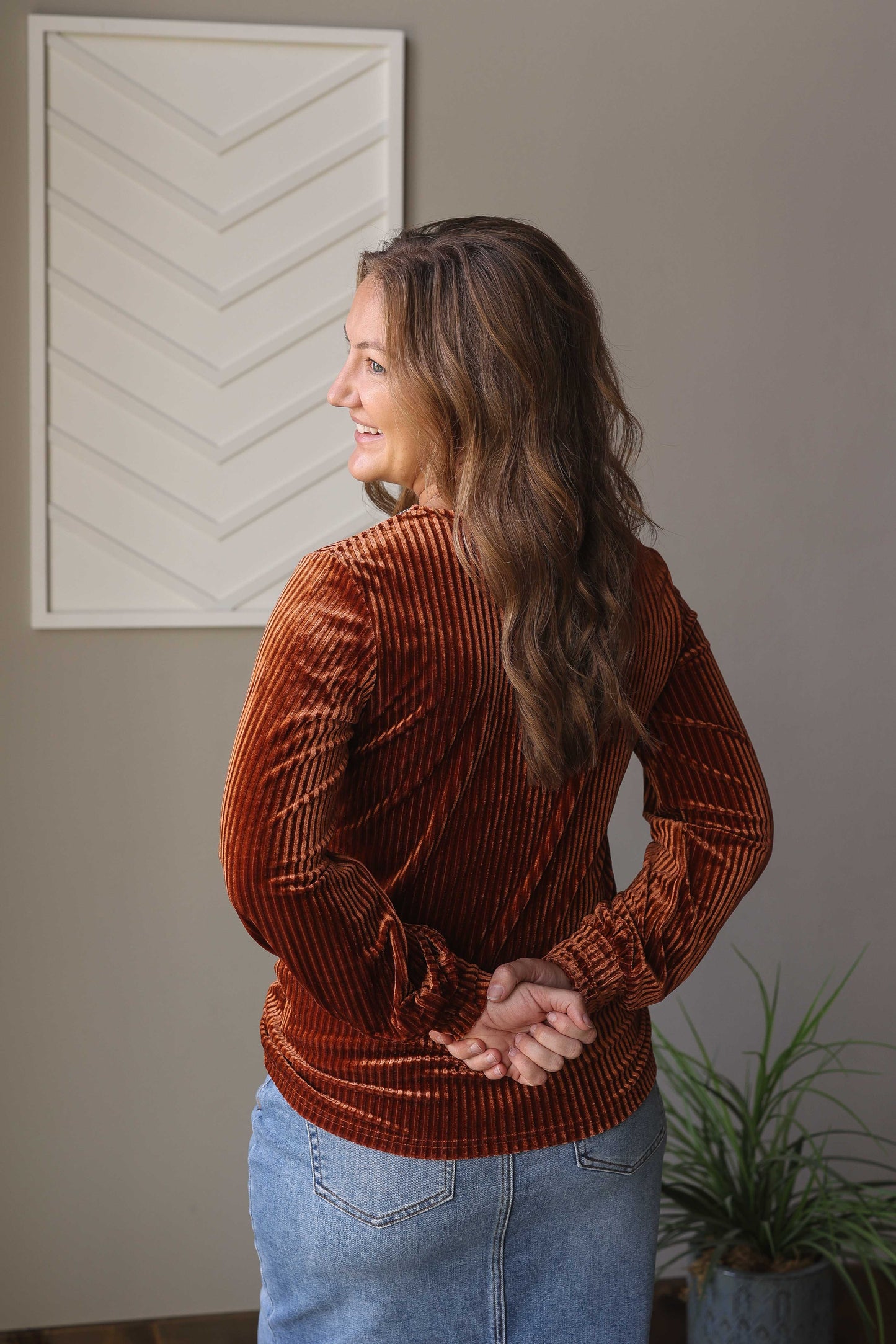 Chestnut Half Zip Ribbed Velvet Top, S, M, XL