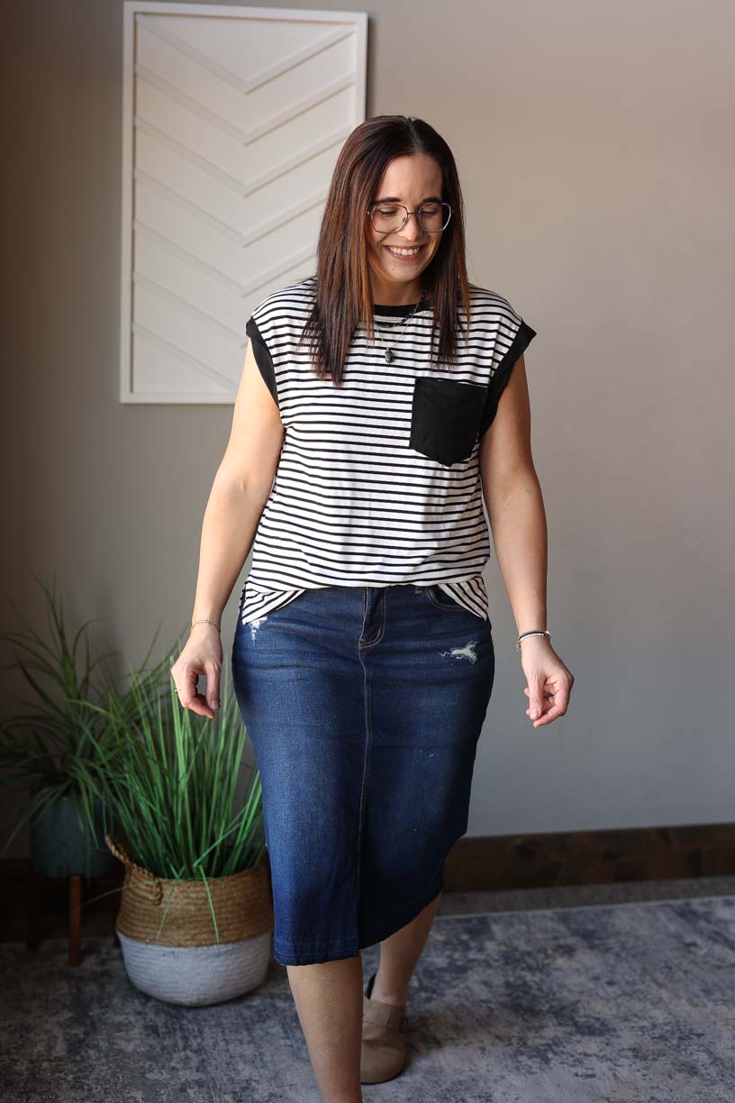 Black Stripe Pocket Crewneck Top