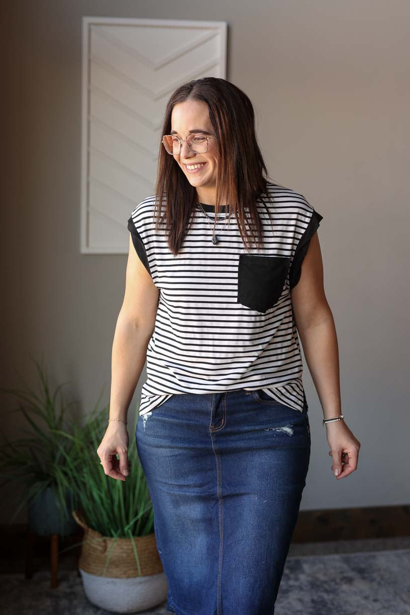 Black Stripe Pocket Crewneck Top