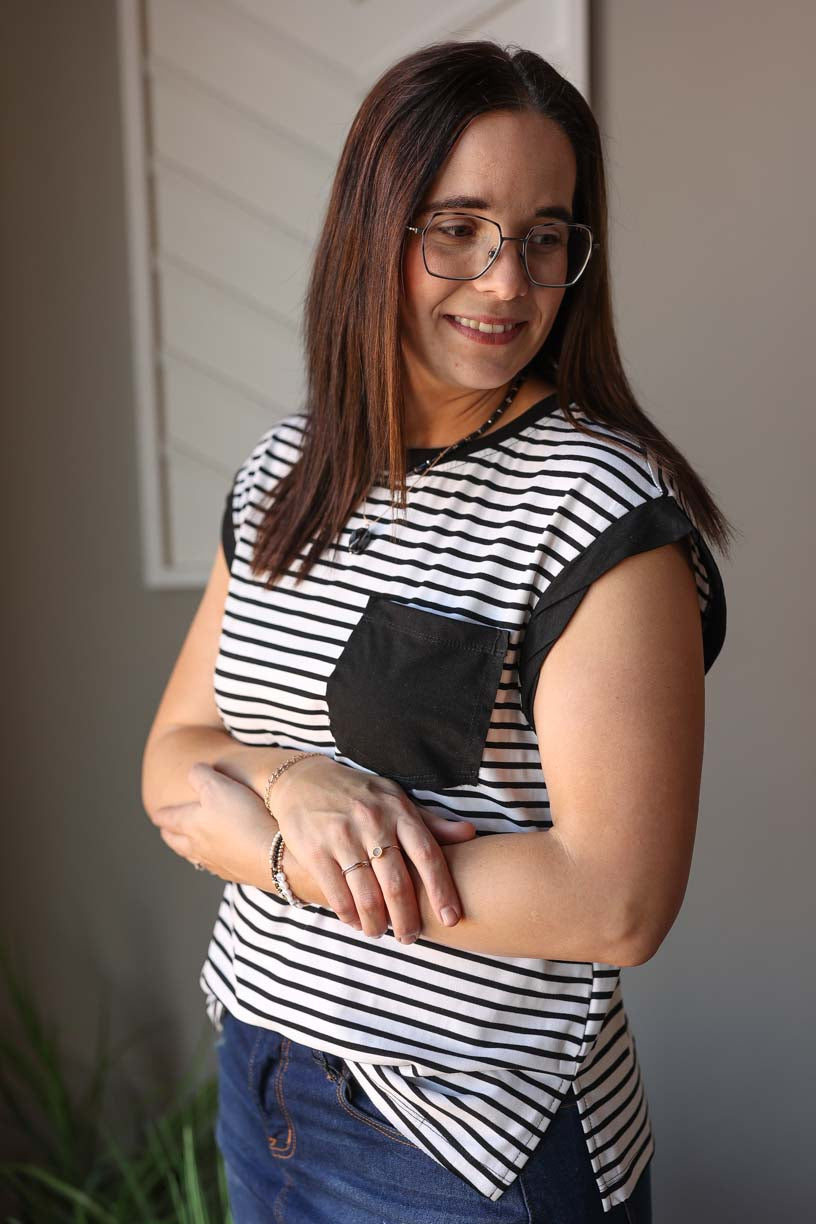 Black Stripe Pocket Crewneck Top