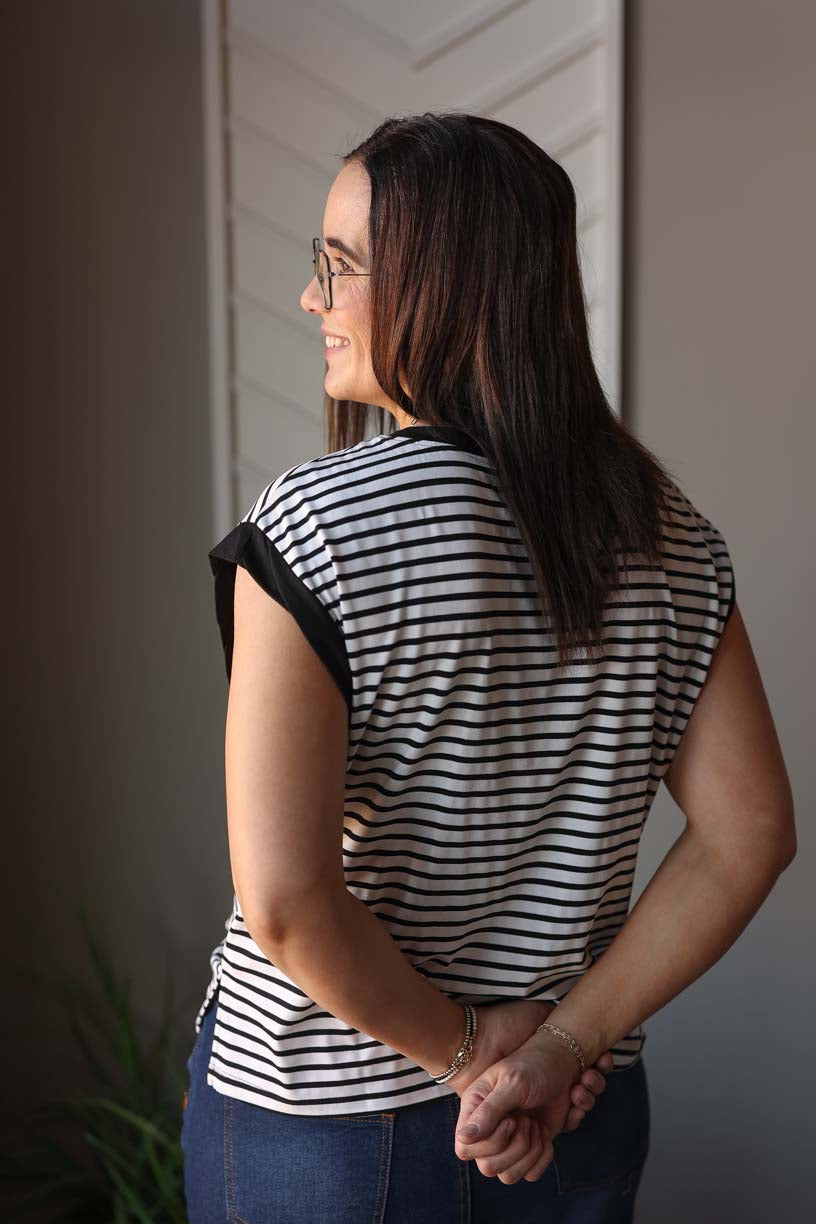 Black Stripe Pocket Crewneck Top