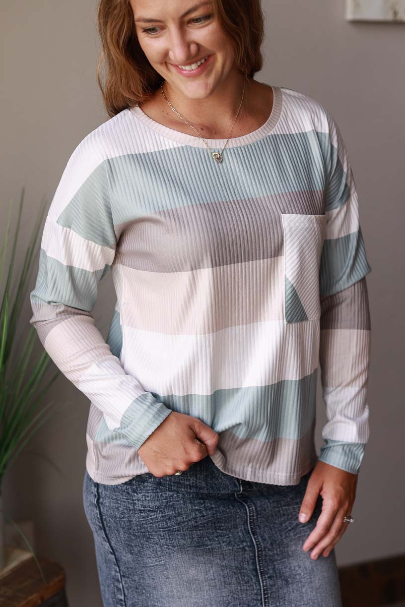 Blue Gray Multi Stripe Long Sleeve Top | Cute, Comfy, Casual Everyday Style at Classy Closet a Modest Fashion Online Boutique for Moms