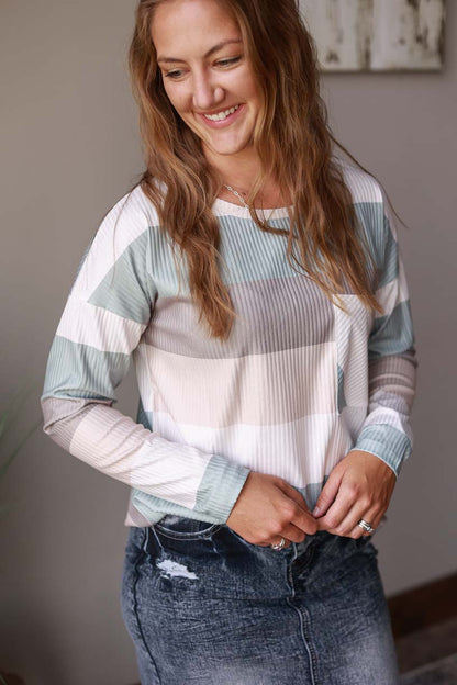 Blue Gray Multi Stripe Long Sleeve Top | Cute, Comfy, Casual Everyday Style at Classy Closet a Modest Fashion Online Boutique for Moms