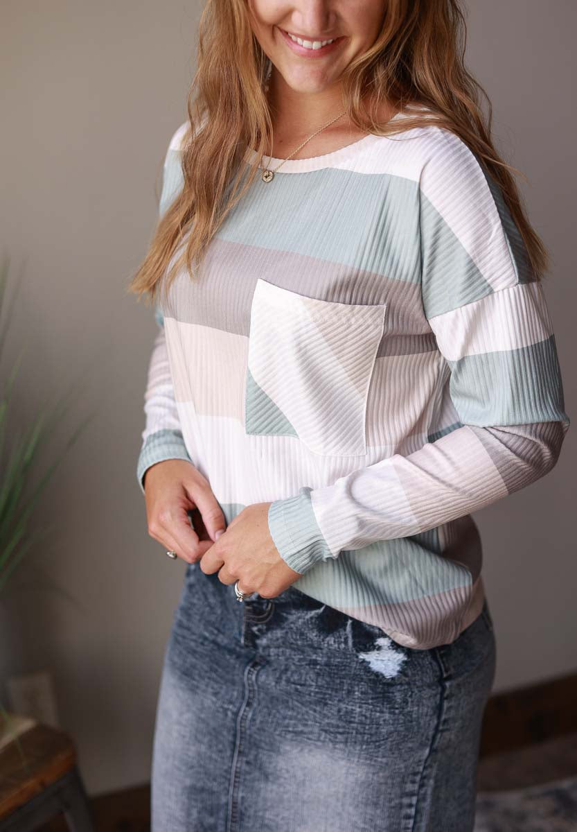 Blue Gray Multi Stripe Long Sleeve Top | Cute, Comfy, Casual Everyday Style at Classy Closet a Modest Fashion Online Boutique for Moms