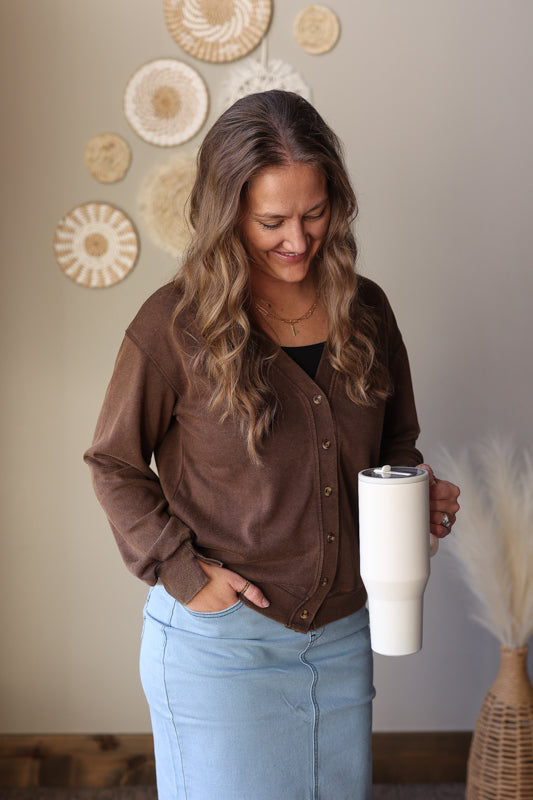 Coffee Button Front V-Neck Sweatshirt Cardigan
