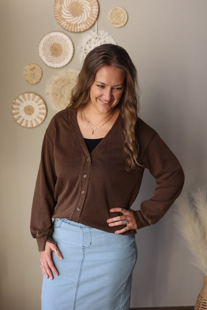 Coffee Button Front V-Neck Sweatshirt Cardigan