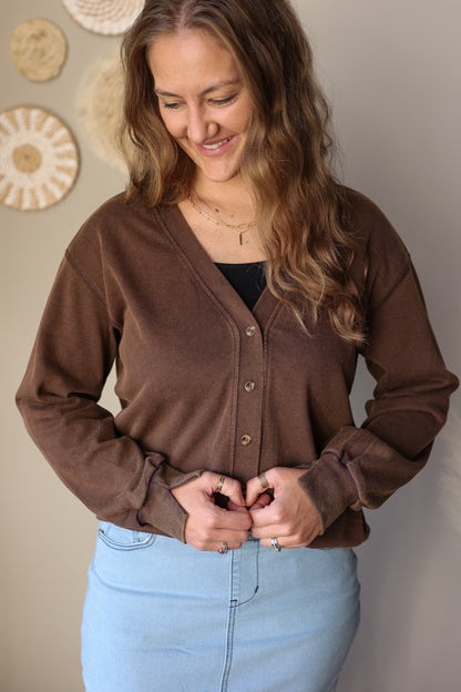 Coffee Button Front V-Neck Sweatshirt Cardigan