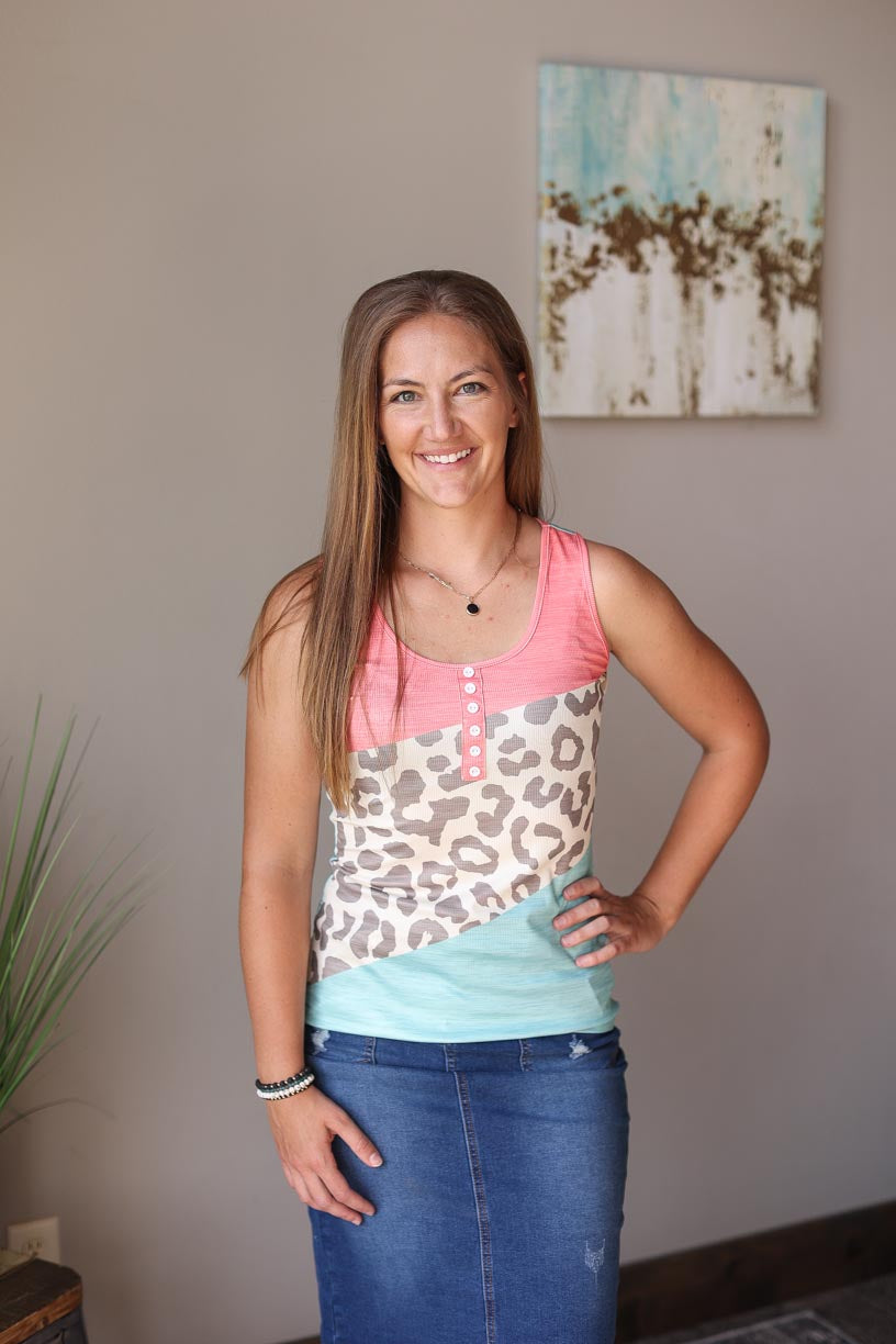 Animal Print Colorblock Henley Tank Top Modest Fashion Style for Women at Classy Closet Online Boutique Iowa