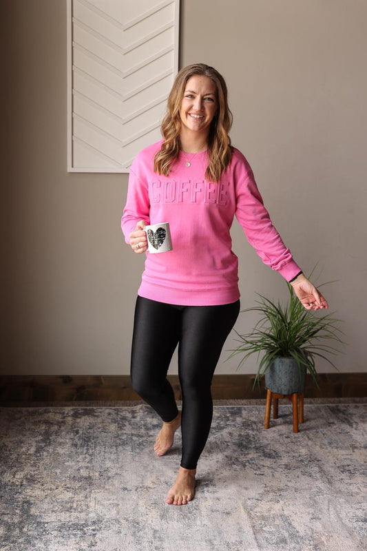 This Cotton Candy Pink COFFEE Sweatshirt is a must-have for all pink and coffee lovers! Perfect for any time of the year, this sweatshirt offers both comfort and cozy vibes. Show off your love for pink and coffee in style and comfort.