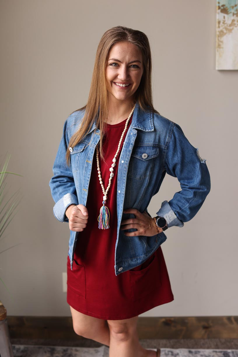 Medium Wash Distressed Denim Jacket Casual Mom Style Versatile Outfits Classy CLoset Online Boutique for Modest Fashion