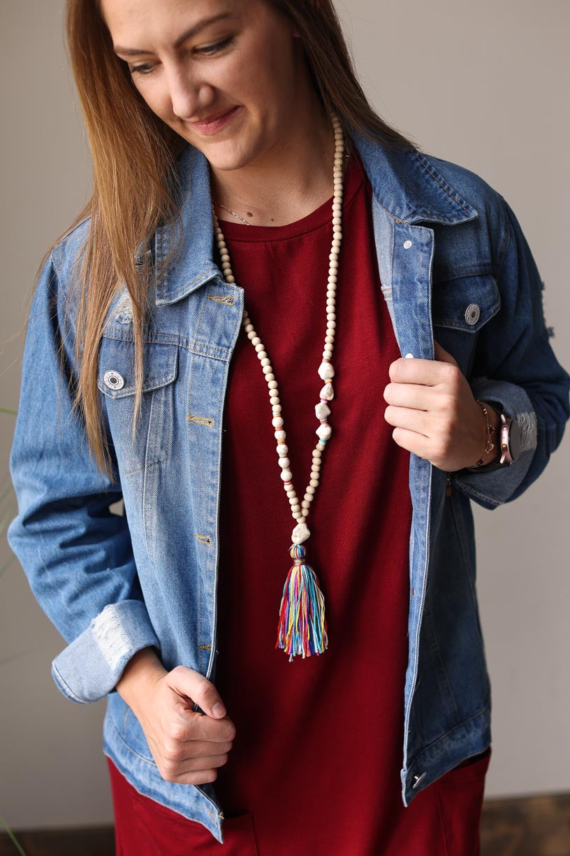 Medium Wash Distressed Denim Jacket Casual Mom Style Versatile Outfits Classy CLoset Online Boutique for Modest Fashion