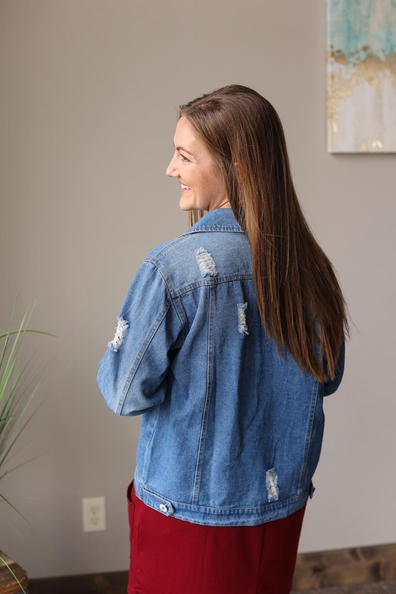 Medium Wash Distressed Denim Jacket Casual Mom Style Versatile Outfits Classy CLoset Online Boutique for Modest Fashion