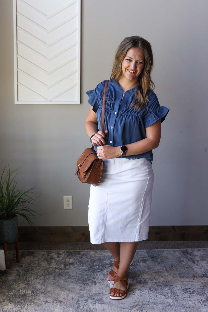 Dark Blue Ruffle Ruched Short Sleeve Button Up