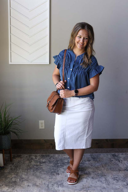 Dark Blue Ruffle Ruched Short Sleeve Button Up