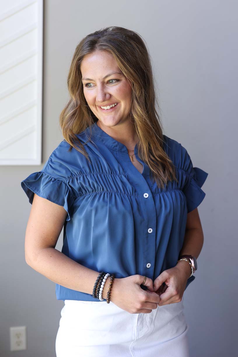 Dark Blue Ruffle Ruched Short Sleeve Button Up
