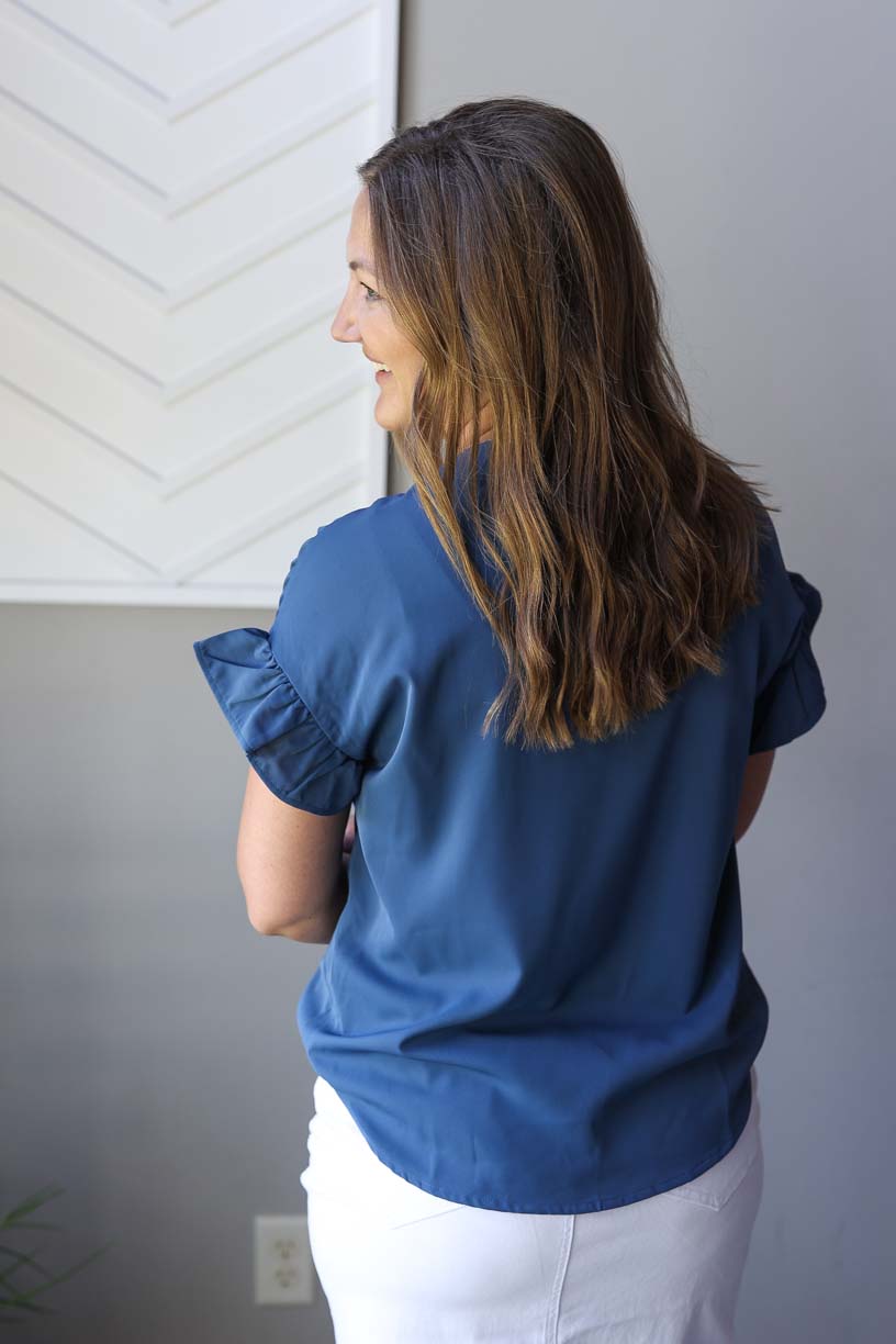 Dark Blue Ruffle Ruched Short Sleeve Button Up
