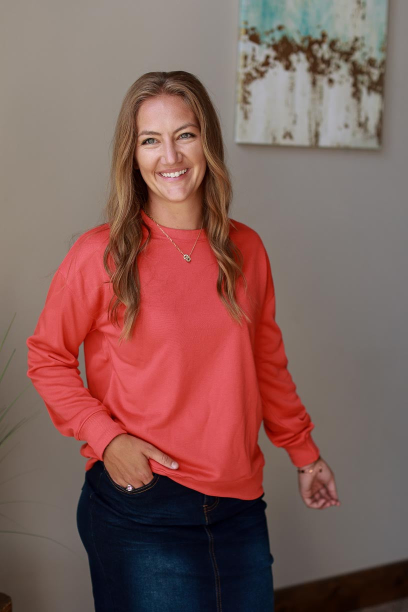 Coral Crewneck Sweatshirt | Everyday Casual Style for Women's modest Fashion at Classy Closet Online Boutique Near me