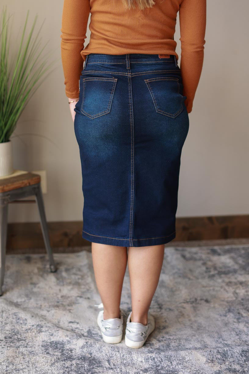 Dark Wash Solid Midi Denim Skirt | Women's Modest Fashion at Classy Closet Online Women's Boutique Near Me for Modest Skirts