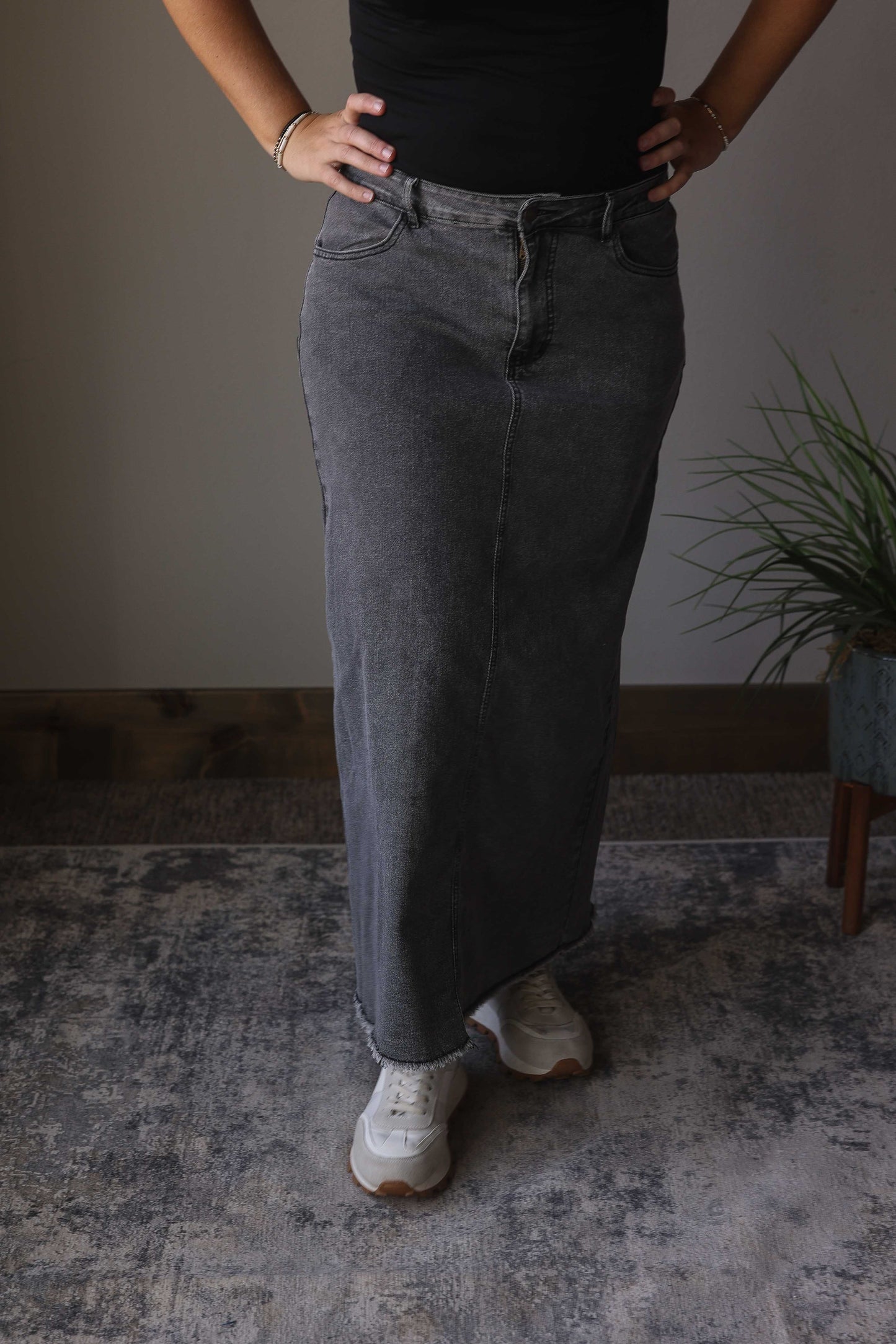 Dark Grey Denim Back Slit Maxi Skirt