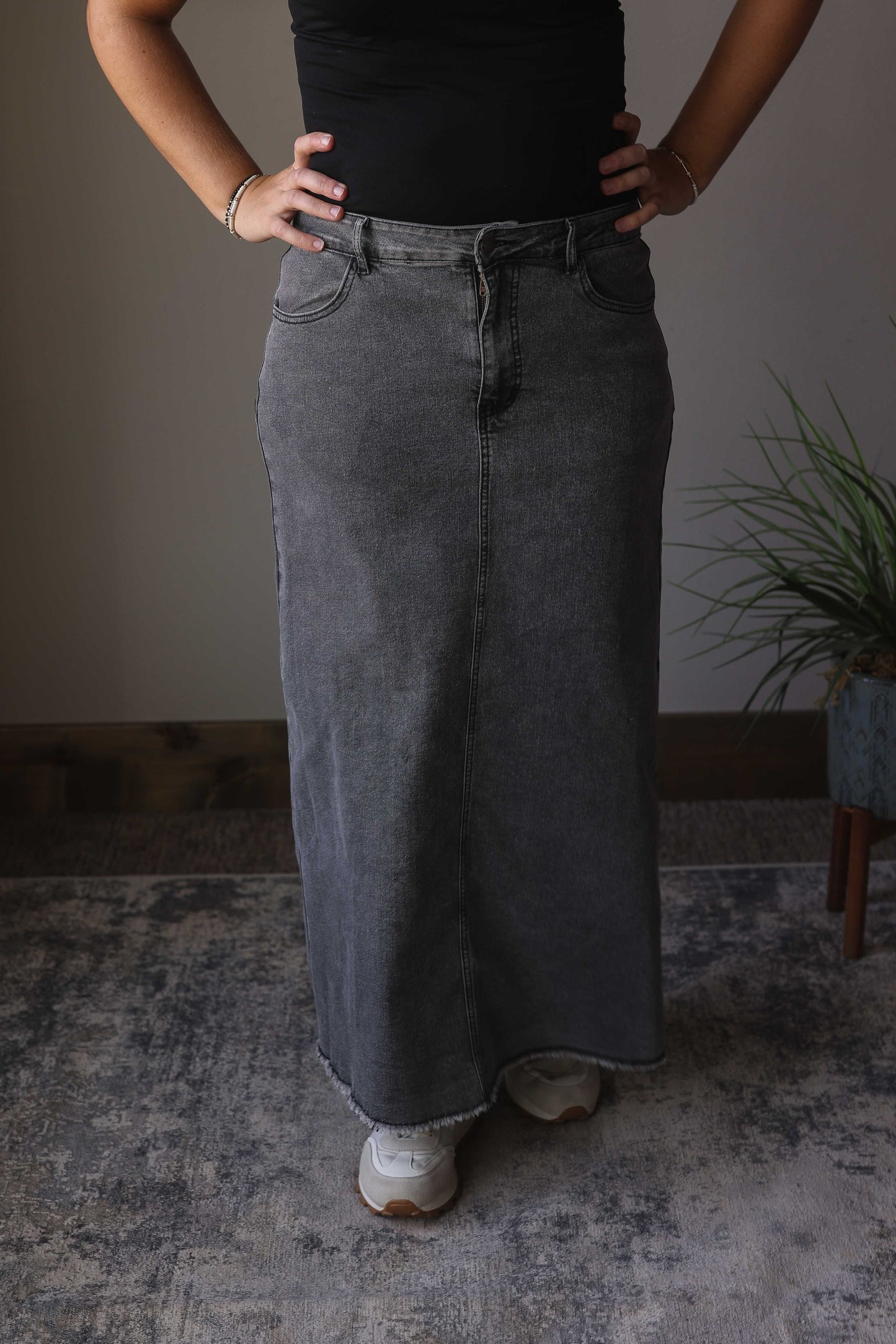 Dark Grey Denim Back Slit Maxi Skirt