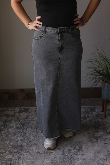 Dark Grey Denim Back Slit Maxi Skirt