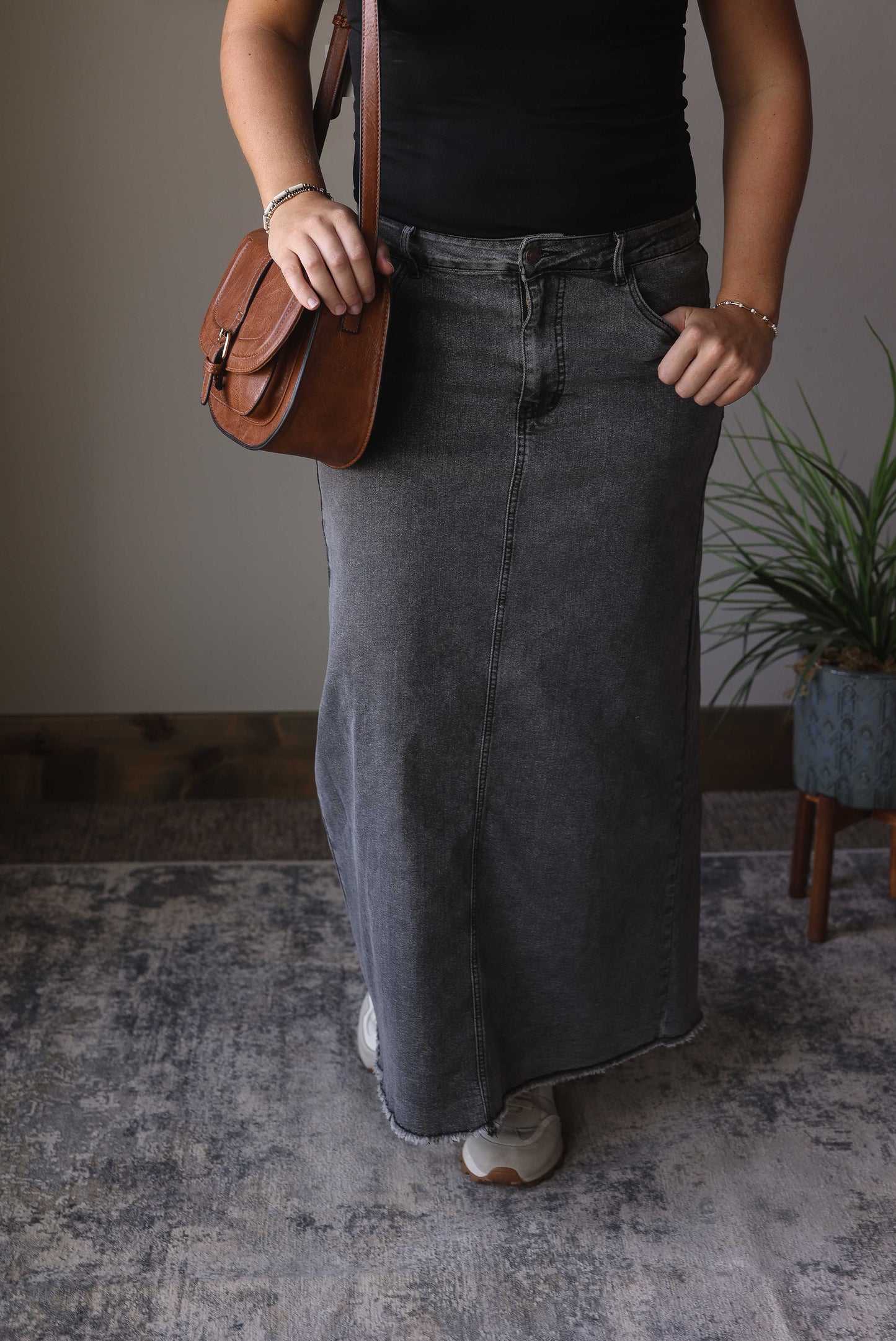 Dark Grey Denim Back Slit Maxi Skirt