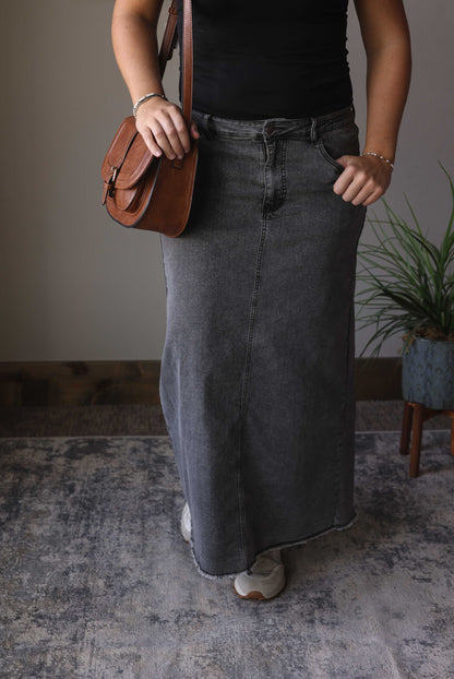 Dark Grey Denim Back Slit Maxi Skirt
