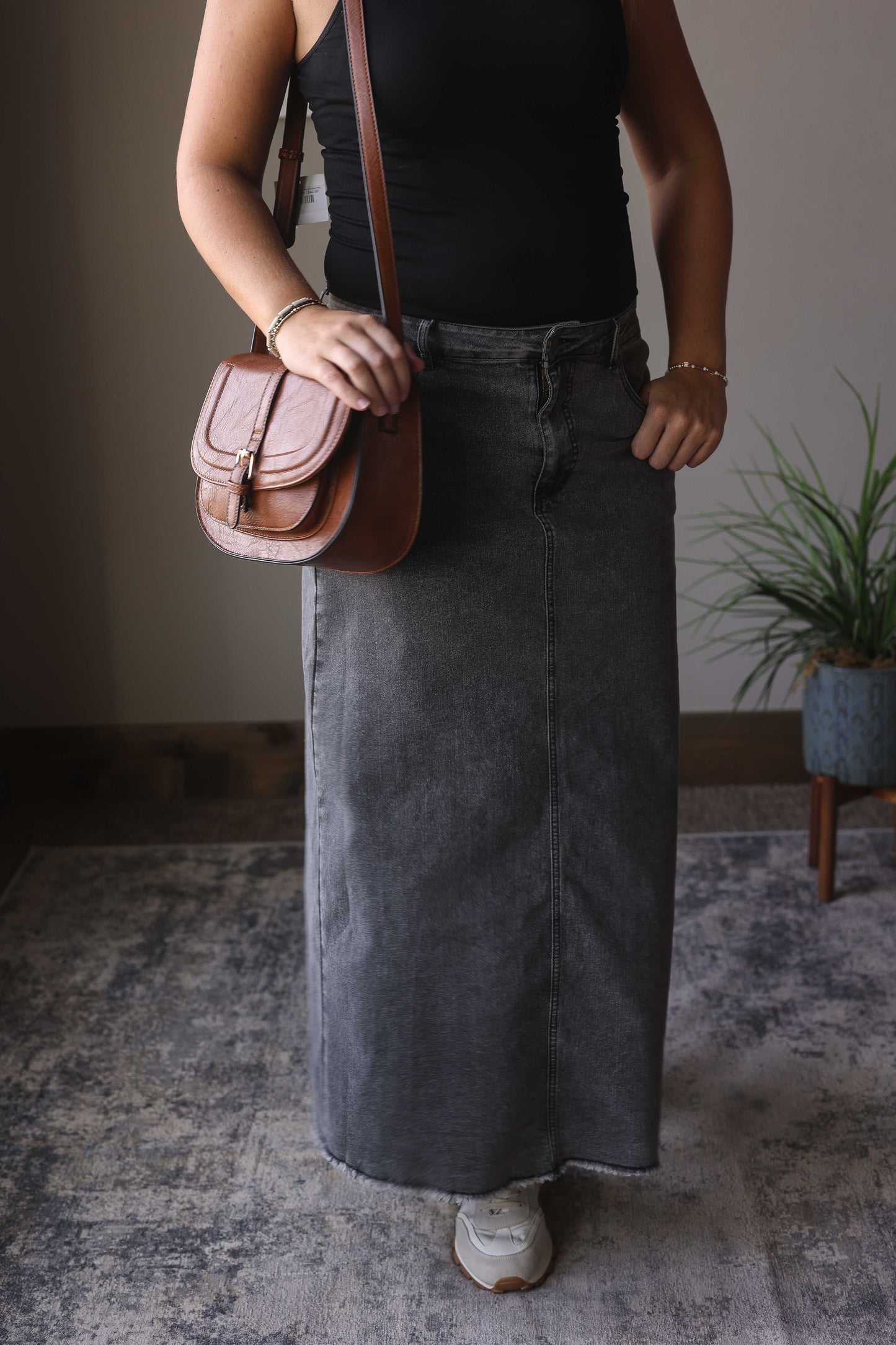 Dark Grey Denim Back Slit Maxi Skirt