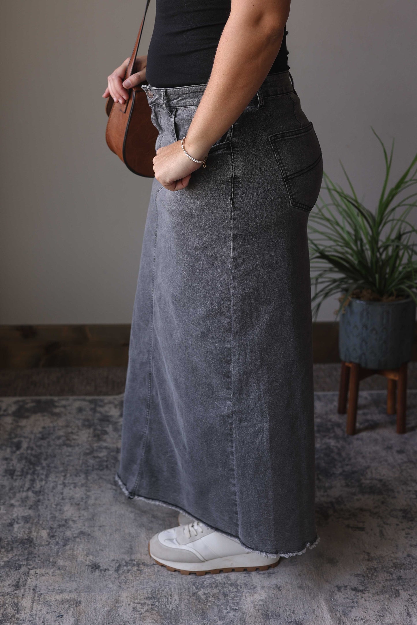 Dark Grey Denim Back Slit Maxi Skirt